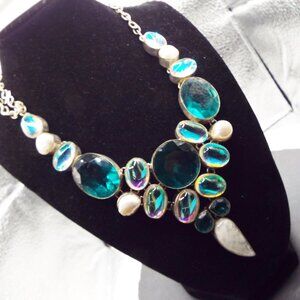 DRAMATIC BOHO FACETED BLUES & OPAL COLORFUL CRYSTALS & GEMSTONES SP NECKLACE 3-A